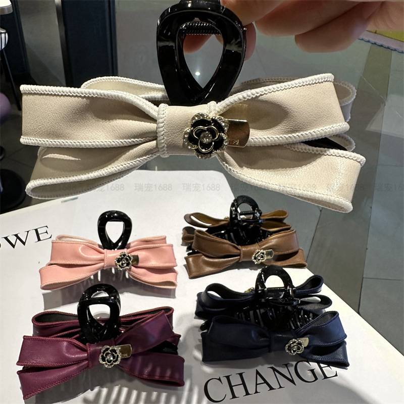 簡約氣質蝴蝶結復古皮質髮夾後腦勺鯊魚夾優雅山茶花發抓女盤髮夾