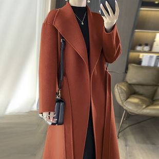 Navy Collar Long Pure Wool Jacket Korean Style Chic Belt Tight Waist Slimming Double-Sided Cashmere Coat New in Autumn and Winter