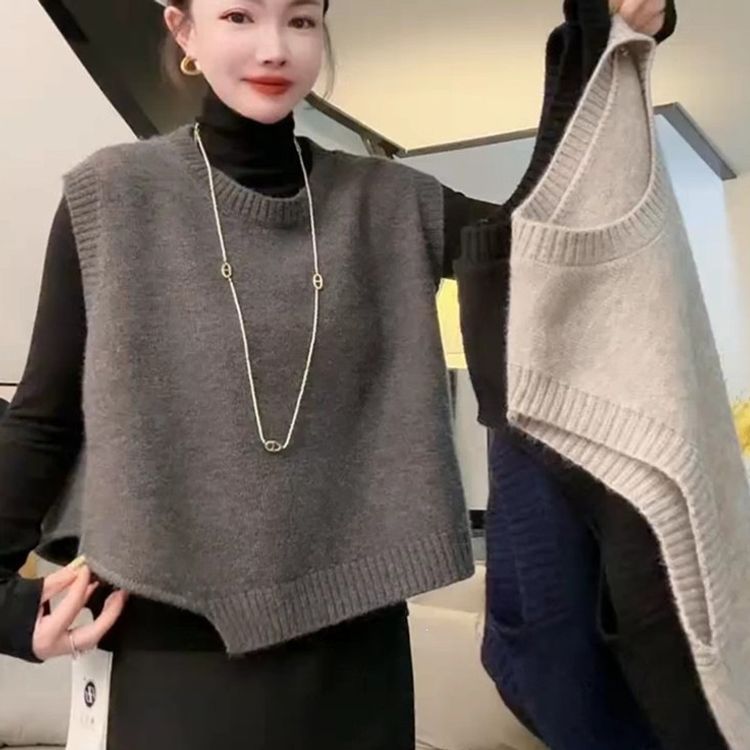设计感不规则短款叠穿针织衫马甲女秋冬新款气质百搭宽松毛衣外穿
