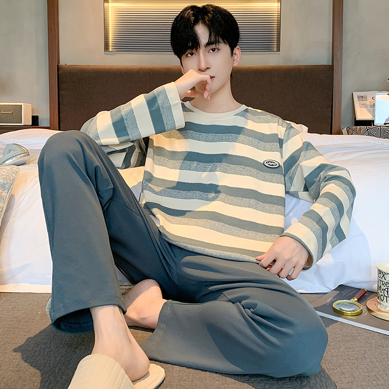 Long Sleeve Cotton Pajamas Autumn Men's suit Home Clothes Casual Round Neck Youth plus size Comfortable Winter Pajamas