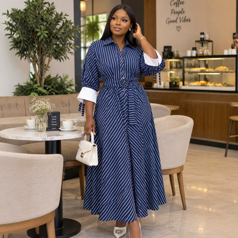 European and American cross-border women's clothing 2026 autumn new collection: elegant, work-appropriate, collared, striped, waist-cinching, tie-front shirt dress for women