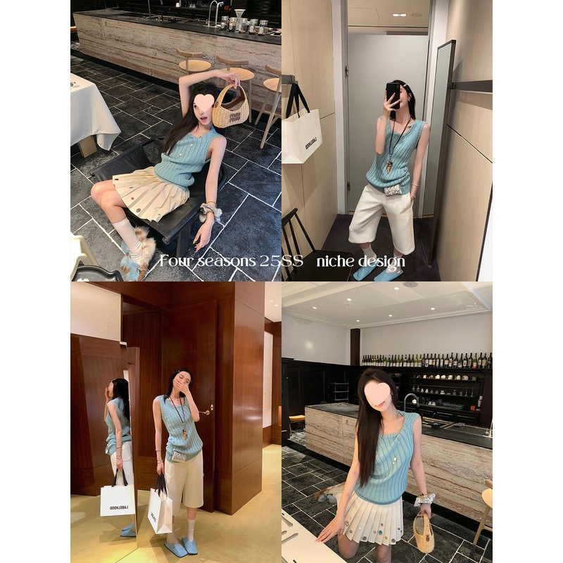 Ouyang 不規則なツイストプリーツノースリーブベスト女性の夏の新しいデザインニッチトップ|undefined
