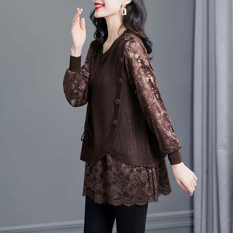 Knitted spring sweater, set for mother, plus size, western style