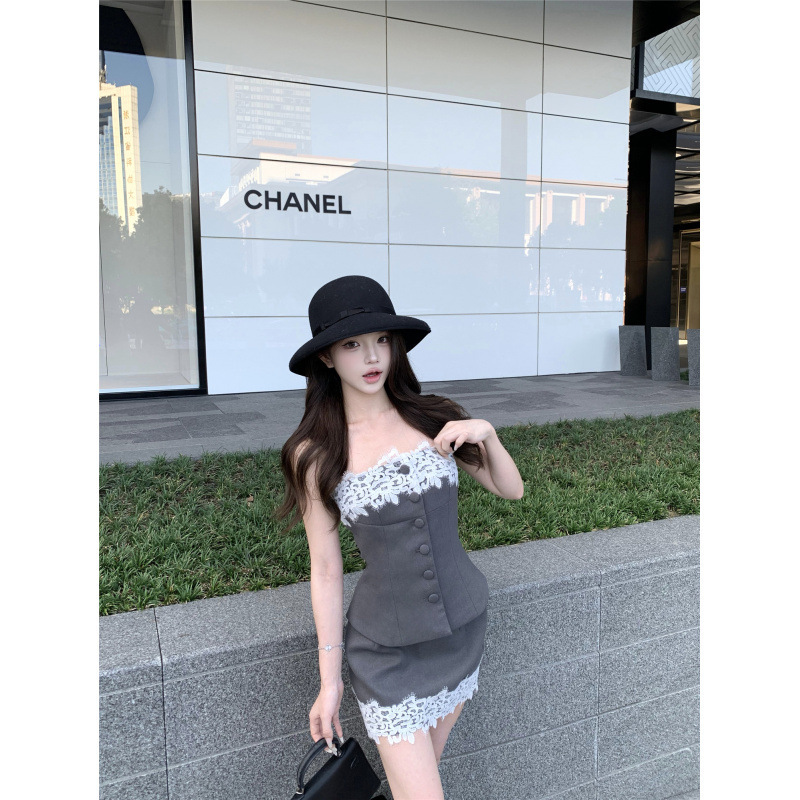 Birthday Suit Skirt, Feminine Korean Style Lace Tube Top, Hip-Covering Short Skirt, Two-Piece Set for Women