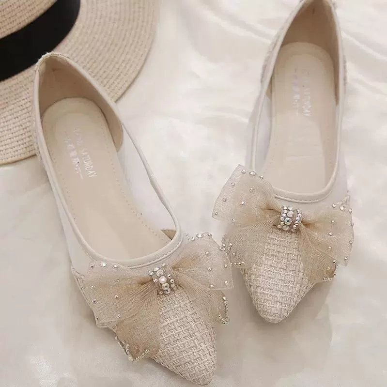 Женские летние балетки 2025 года, корейский стиль, дышащие, вечерний стиль, с бантом, сетчатые, заостренный носок