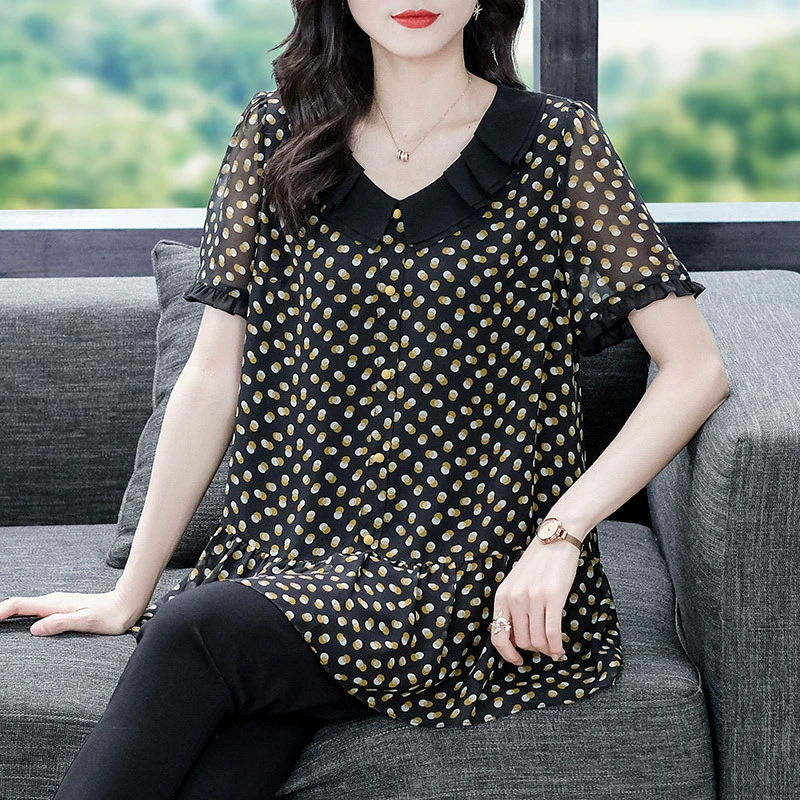 Женский шифоновый топ больших размеров, летний элегантный легкий зрелый топ с короткими рукавами для полных девочек, уменьшающий возраст, с цветочным воротником в виде лотоса