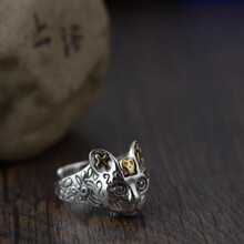 S925纯银女款复古银铜结合工艺指环 活口戒指小猫可爱清新