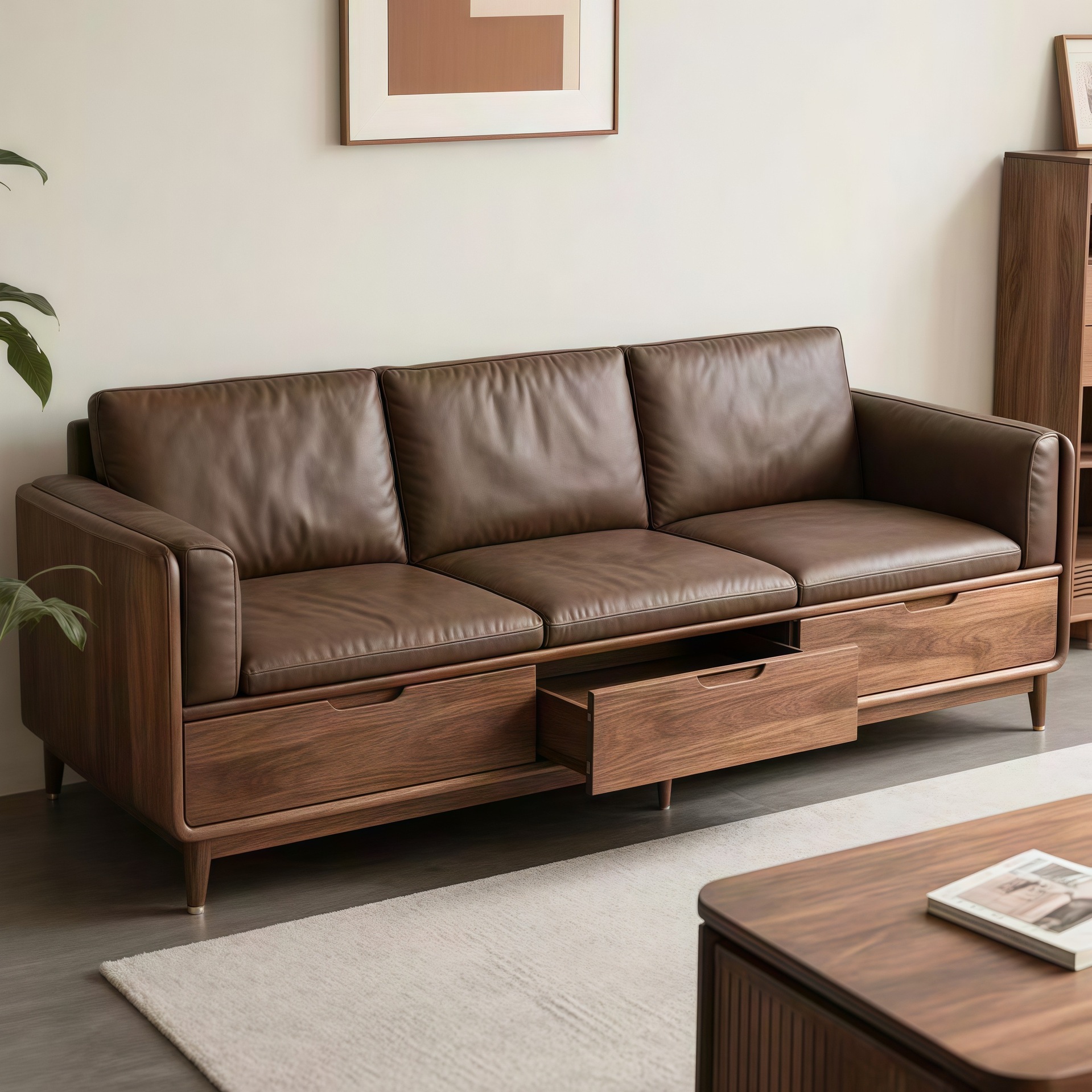 New Chinese Style Solid Wood Sofa Combination Simple Modern Black Walnut Living Room Straight Leather Sofa Suite Villa B&B
