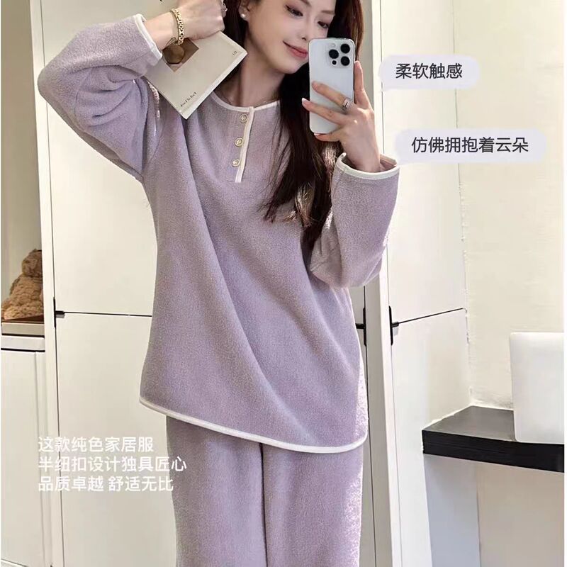 High-End Winter Long-Sleeved Pants Coral Korean Style Thickeneded Pajamas Women's Snow Velvet Simple Casual Home Wear Set High-End Winter Long-Sleeved Pants Coral Korean Style Thickeneded Pajamas Women's Snow Velvet Simple Casual Home Wear Set