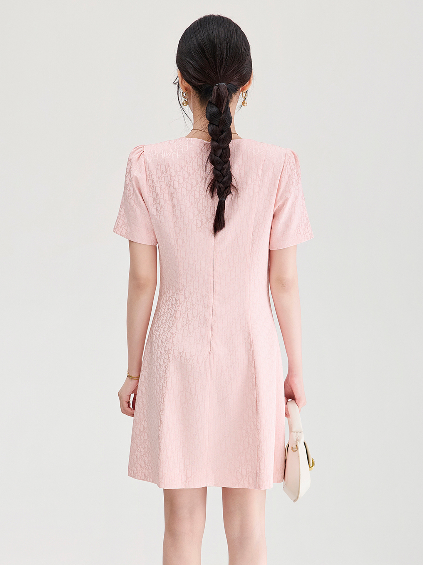 Đầm ngắn tay thắt eo jacquard kiểu dáng thanh lịch mùa hè — màu hồng