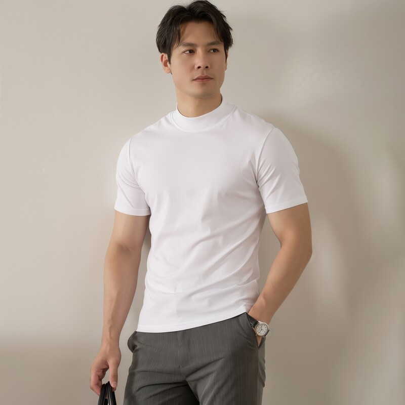 White Half-Turtleneck Base Shirt for Men, Pure Cotton Short-Sleeve Slim Fit Mid-Neck Inner Wear Men's T-Shirt with a High-End Feel, New Autumn and Winter Style White Half-Turtleneck Base Shirt for Men, Pure Cotton Short-Sleeve Slim Fit Mid-Neck Inner Wear Men's T-Shirt with a High-End Feel, New Autumn and Winter Style