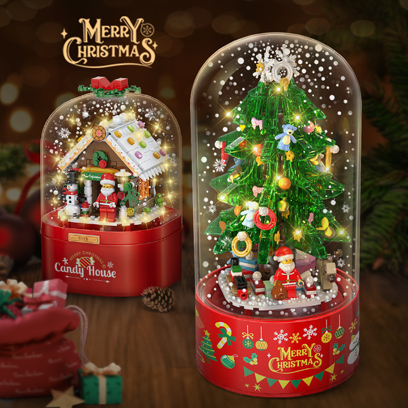 Compatible con la nieve flotante árbol de Navidad alta caja de música giratoria ensamblaje bloques de construcción juguetes para niños y niñas regalos de Navidad
