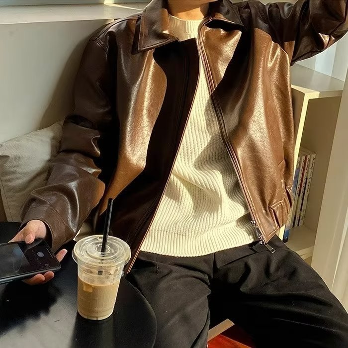 Vintage Short Leather Jacket Men's Loose Locomotive Suit Trendy Brand Pilot Leather Jacket Jacket_viptrois.com