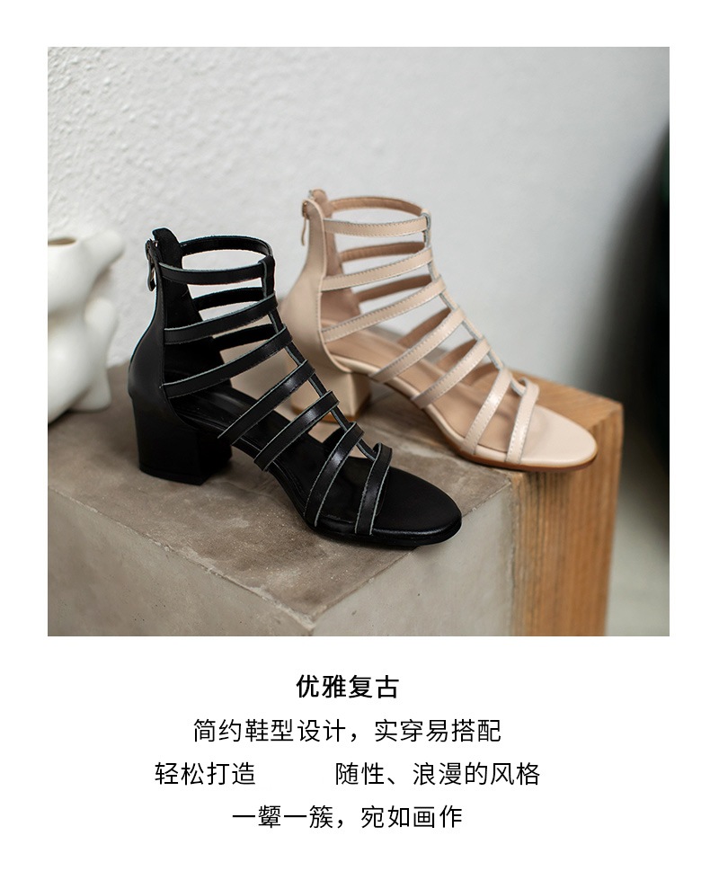 Sandal nữ cao gót siêu cao da bò kiểu La Mã cổ cao gót thô — Màu đen chi tiết 4
