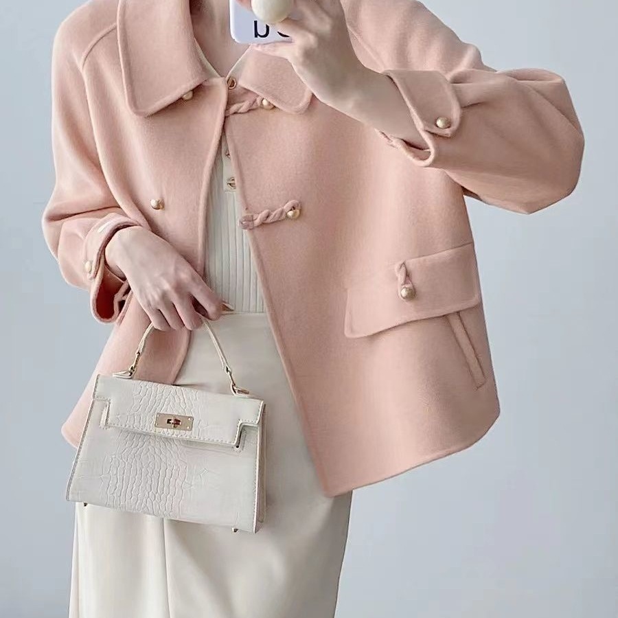 早秋外套新中式胖mm小个子短款双面绒羊毛大衣廓形宽松呢子上衣女