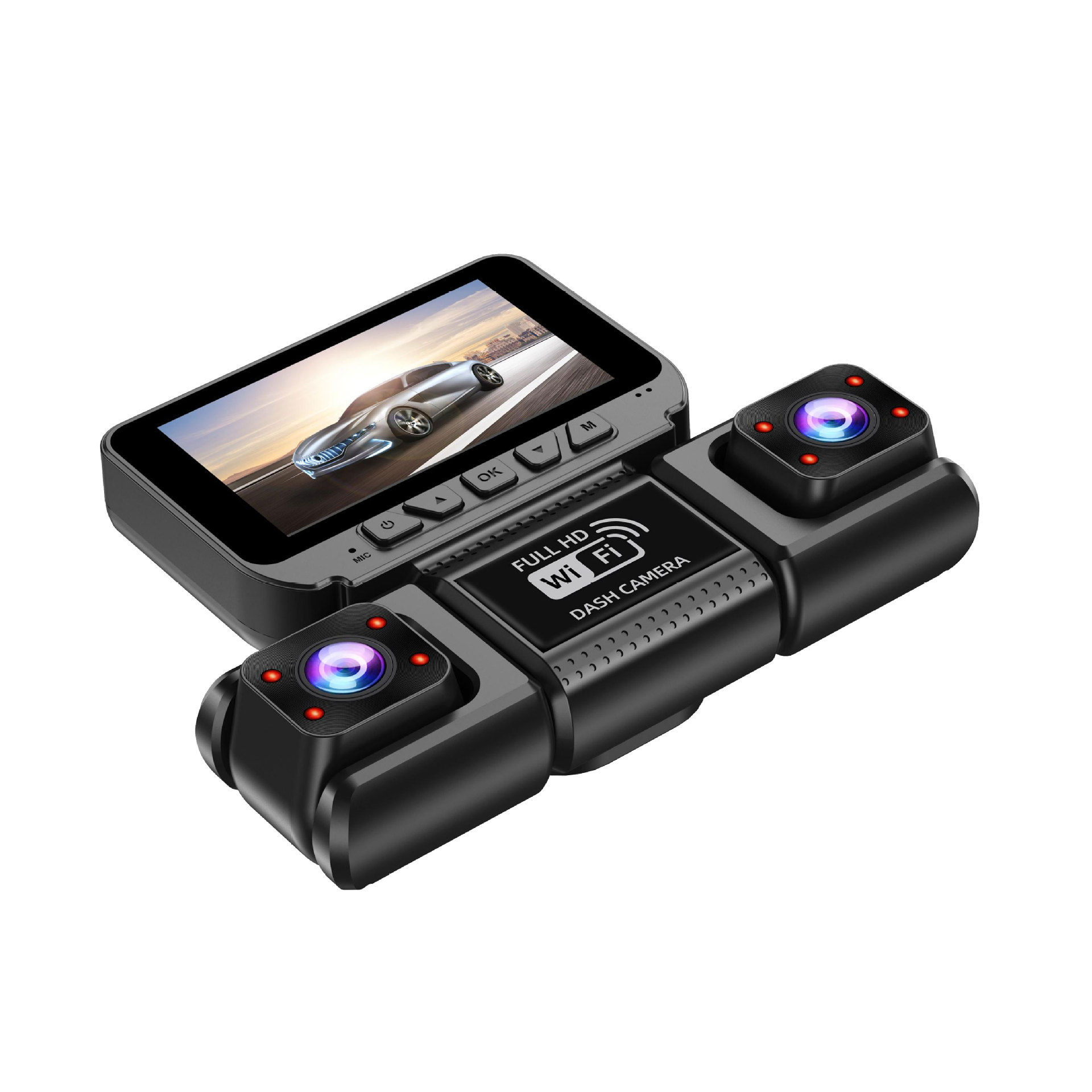 Multi-camera dashcam with front, rear, left, and right recording, WiFi connectivity, and a reversing camera for trucks