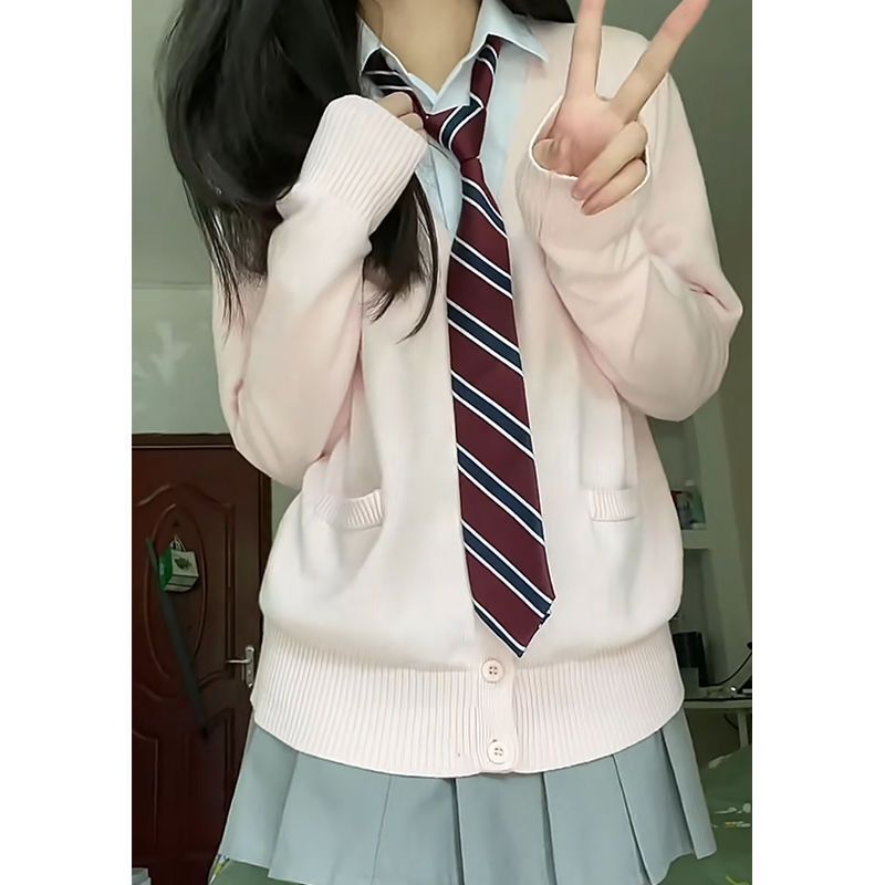 Two-piece Japanese jk uniform sweater autumn and winter cute cherry blossom pink knitted cardigan college style coat for women