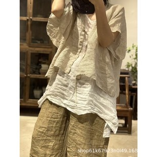 23/4 Small Size Spring and Summer Vintage Linen Off-Shoulder Half-Sleeve Cardigan with Tie, Soft and Loose Artistic Style
