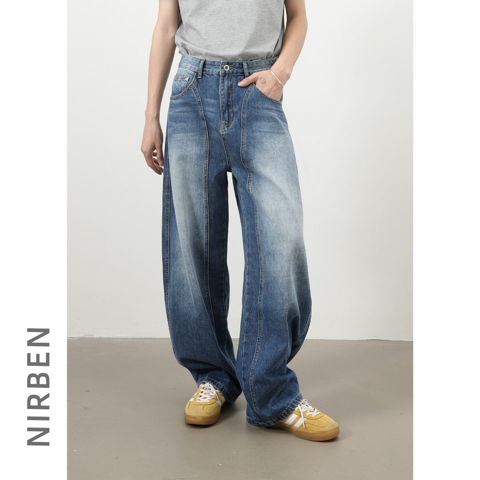 Quần jeans nam dáng thẳng rộng phối màu phong cách retro — màu xanh, màu xám đen