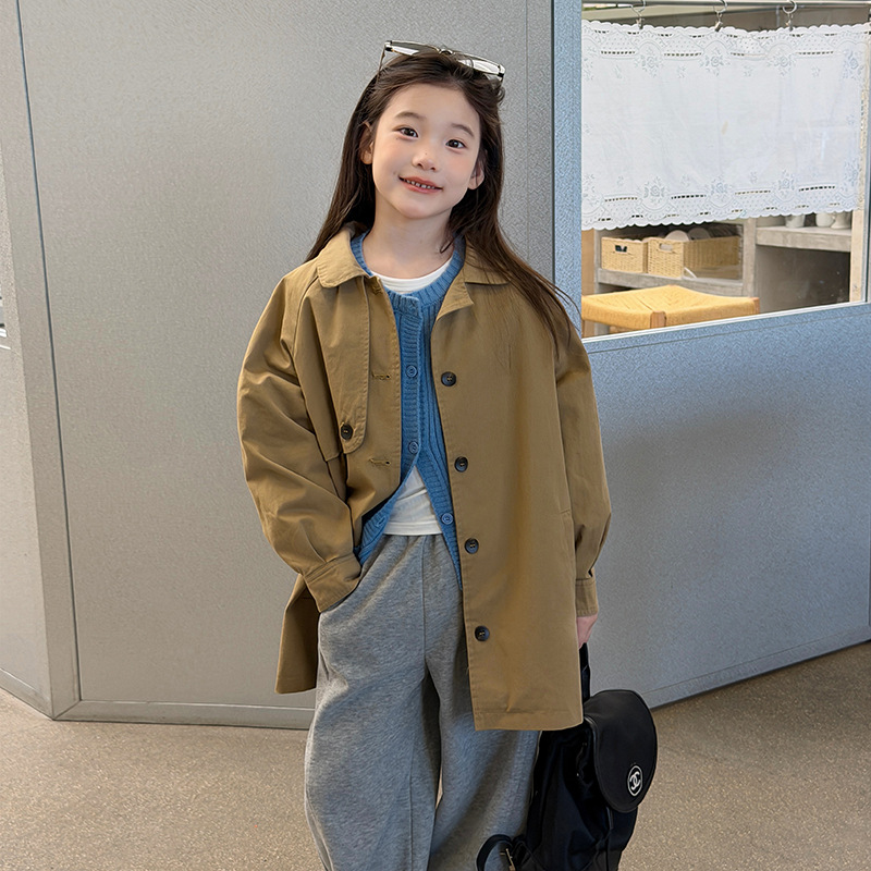 Aimobebe children's Korean-style mid-length trench coat, for older children, with a lapel collar, casual single-breasted design, and a casual outerwear top