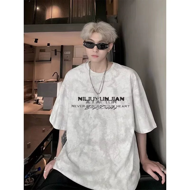 Мужская футболка с коротким рукавом в стиле тай-дай, летняя новинка 2025 года, модный бренд, свободный крой, для молодежи, тяжелый вес