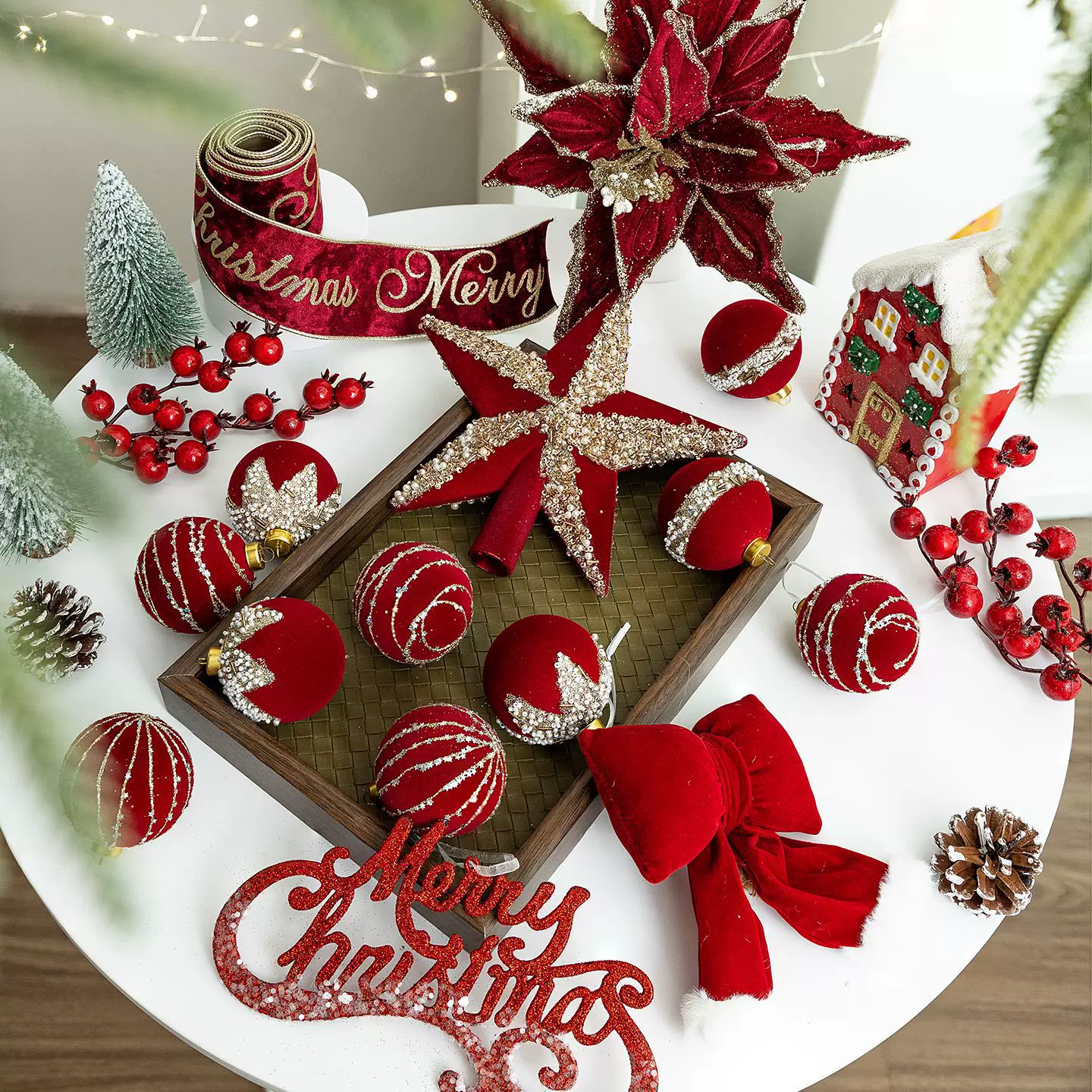 云汇圣诞节装饰品酒红色植绒球礼包套装吊球圣诞树挂件装饰DIY