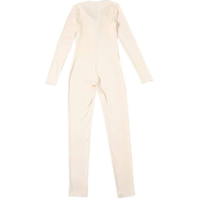 Winter Women Clothing Casual Solid Color Rib Fabric Long Sleeve round Neck Button Slim Fit One Piece Trousers