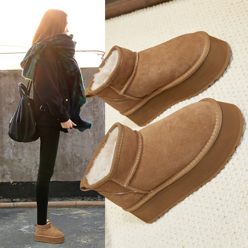 Женские зимние сапоги на толстой пятке из пятислойного пеноматериала, новинка 2024 года, на флисовой подкладке, утепленные, теплые хлопковые, увеличивающие рост.