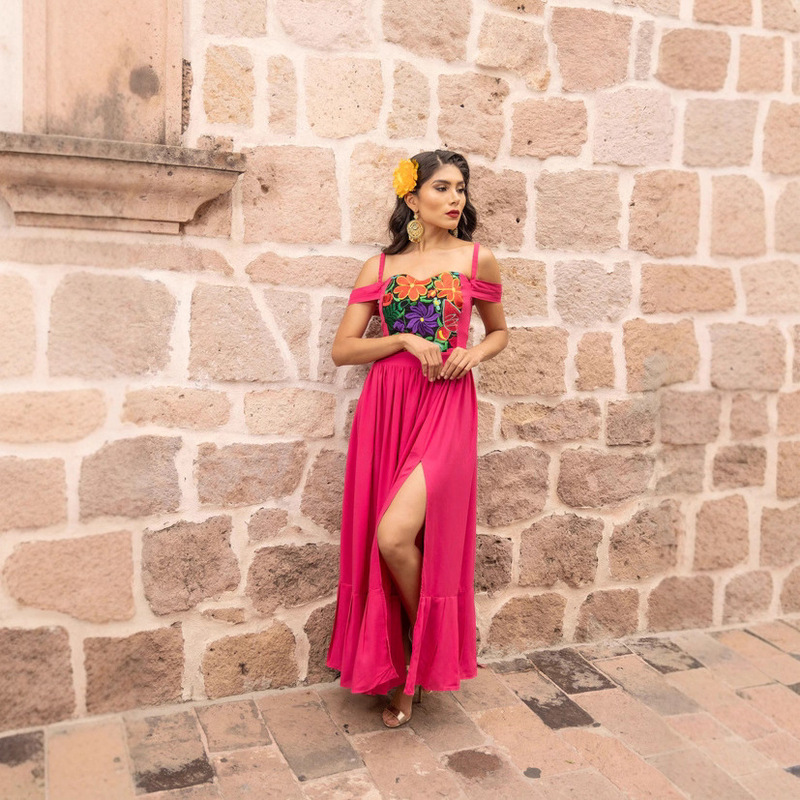 Bohemian Mexican Ethnic Style Hand-Embroidered Ruffled Flared Waist-Cinching Spaghetti Strap Long Dress 10351