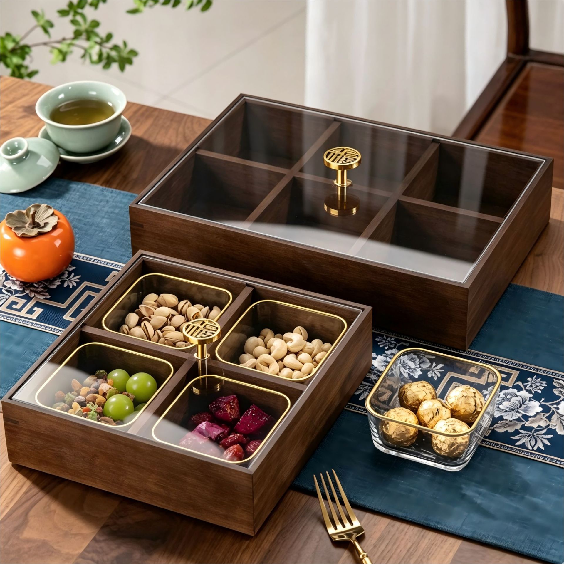 Nueva caja de frutas secas de madera china, caja de almacenamiento de bocadillos de nueces, bandeja de frutas dividida, bandeja de dulces doméstica de nueva casa