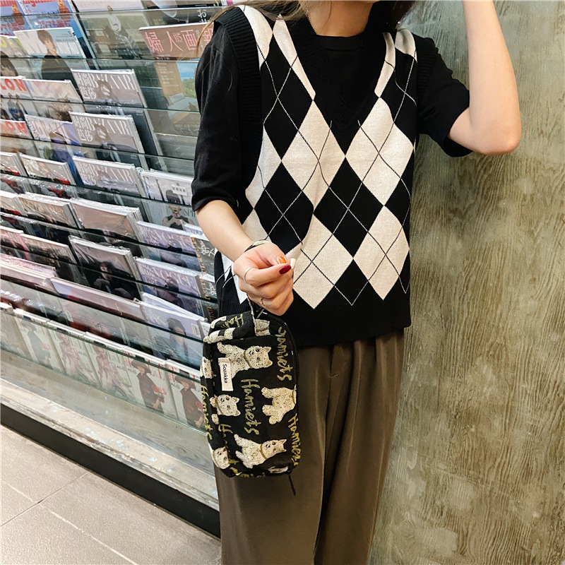 13311 checkered color-blocking large-capacity cosmetic bag, women's leopard print fashionable clutch, canvas storage bag wholesale undefined