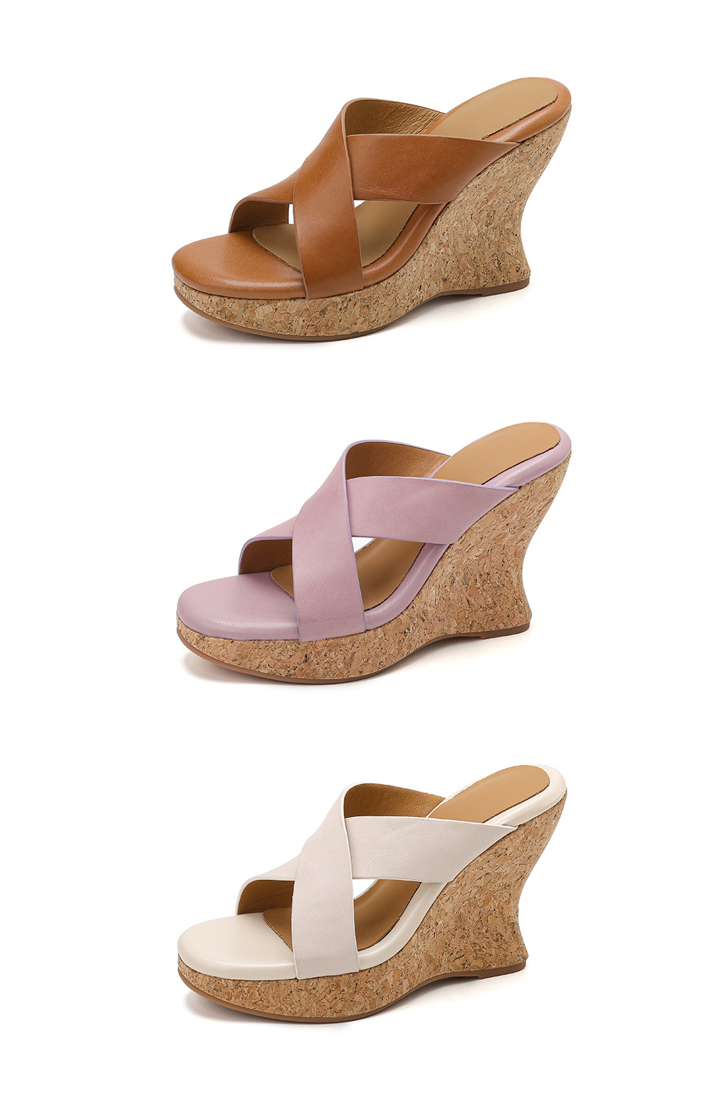 Sandal cao gót nữ quai chéo hở mũi đế xuồng tăng chiều cao — màu nâu, Hồng tím, màu trắng ngà chi tiết 22