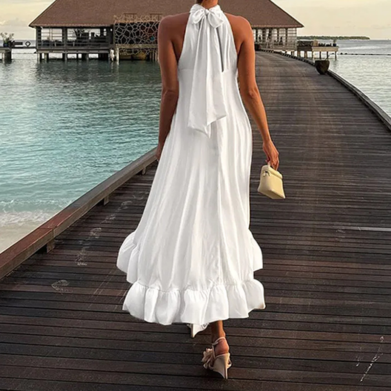 2025 Amazon transfronterizo nueva ropa de mujer europea y americana temperamento elegante y de moda vestido de cuello halter plisado de color sólido sin mangas