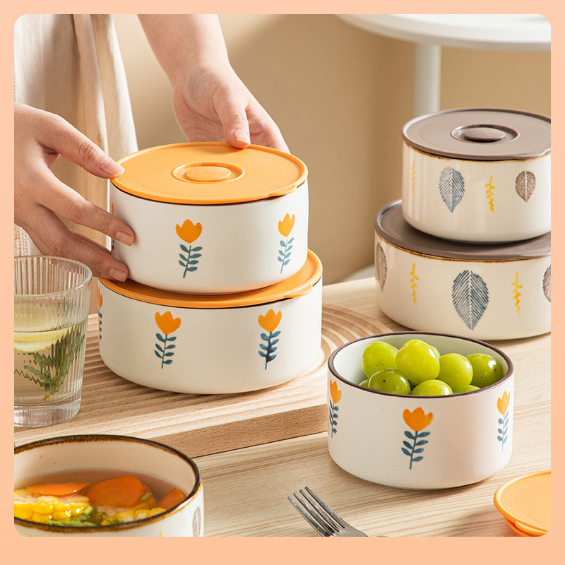 Heated Sealed Fruit Ceramic Ceramic Preservation Bowl for Refrigeration ✅ Lunch Box Lunch Box Microwave Household Three-Piece Set Available for E18