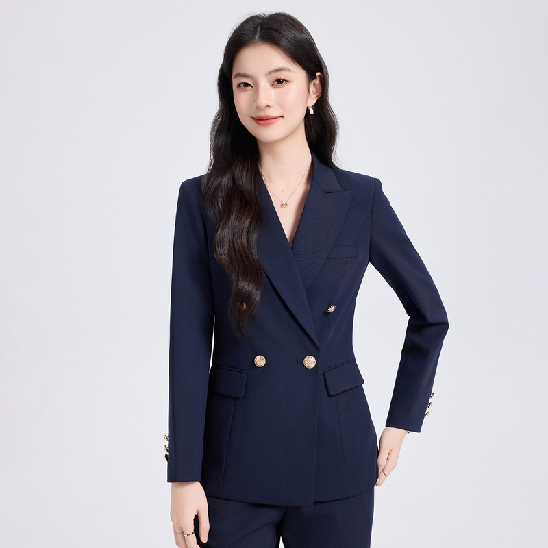 Dark Blue Women's Suit Set with a High-End Feel, Double-Breasted Slim-Fit Professional Formal Suit Jacket for College Girls' Interviews