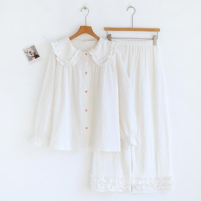 Cotton Double-Layer Gauze Long-Sleeved Women's Long Pants Home Wear Set Pajamas Korean Style Thin Summer Lace Sweet Spring and Autumn
