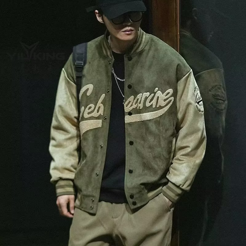Suede Baseball Suit Men's vintage Spring and Autumn New Green Bomber Jacket Ins American Style Jacket for Men Suede Baseball Suit Men's vintage Spring and Autumn New Green Bomber Jacket Ins American Style Jacket for Men