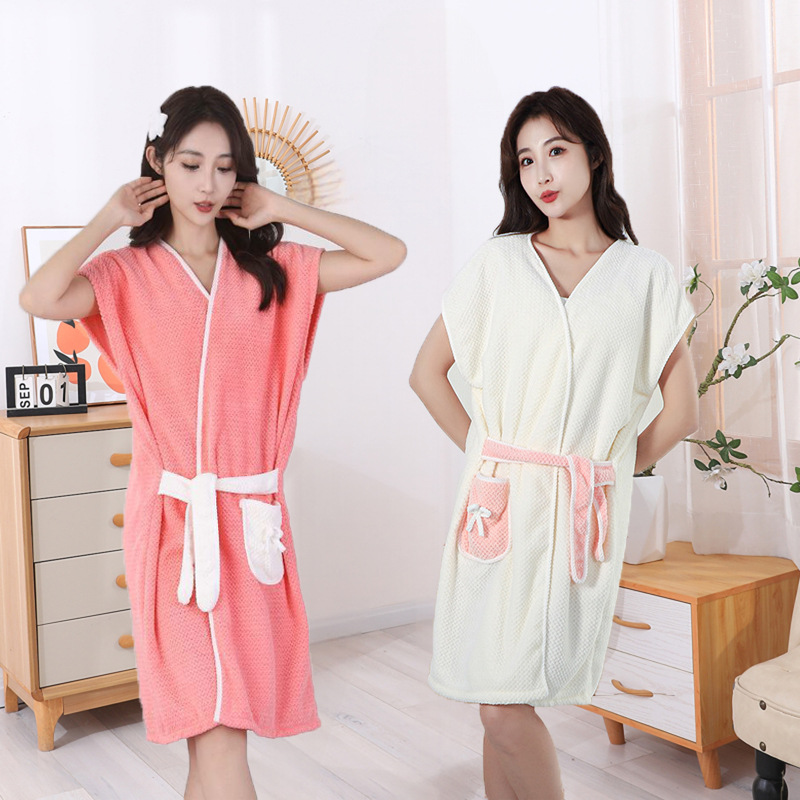 Coral Fleece Bathrobe Adult Wearing Lace-Up Bath Skirt Bath Bathrobe Quick-Drying Absorbent Summer and Autumn New Soft Nightgown