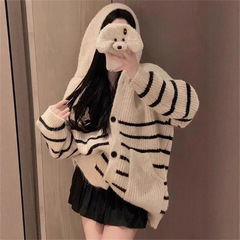 狗狗刺绣条纹连帽针织衫女秋冬装新款慵懒风休闲开衫宽松毛衣外套