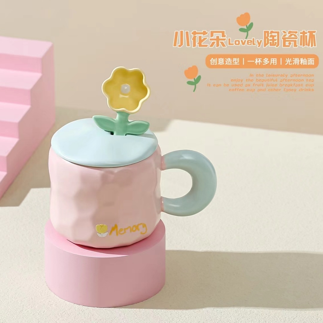 Día del maestro regalo Taza de cerámica de alto aspecto con tapa cuchara caja de regalo tulipán flor taza de café corazón de la niña
