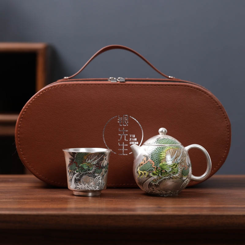 999 Pure Silver Teapot and Cup Set with Ceramic Gold and Silver Inlay, Office Gift, Portable Travel Tea Set for the Dragon Year, National Trend
