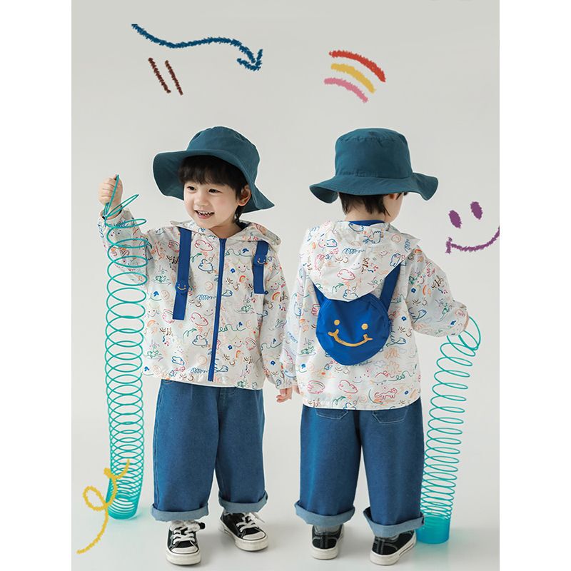 Wulibu Boys' 2026 Spring and Autumn New Sun Protection Clothing Children's Colorful Graffiti Print Breathable Hooded Jacket Trendy