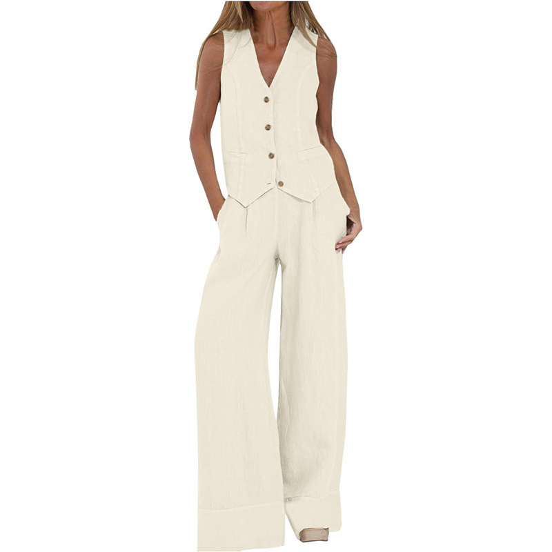 European and American Women's Two-Piece Set, Lapel Vest and Wide-Leg Pants, Linen Business Casual Wear, V Neck Amazon