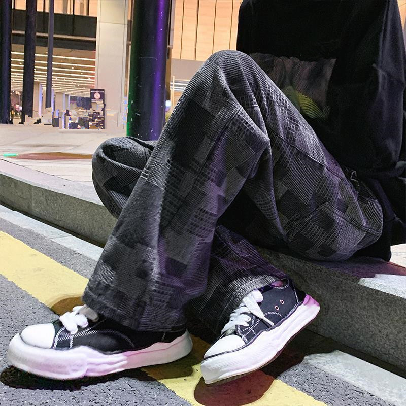 美式街頭複古格子拼接牛仔褲男ins潮牌高街痞帥寬松vibe風褲子潮