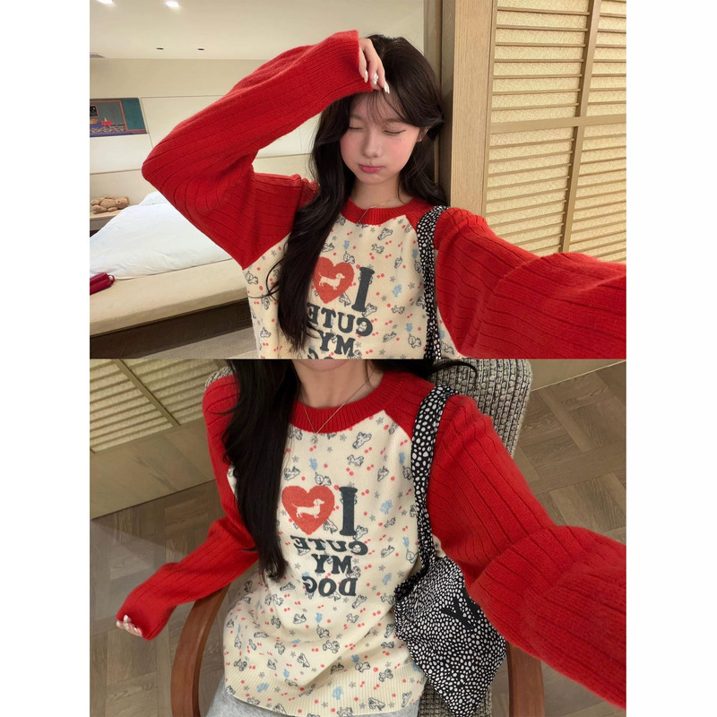 American-style puppy print color-blocked raglan long-sleeve knit sweater for men and women, loose and versatile casual top for autumn
