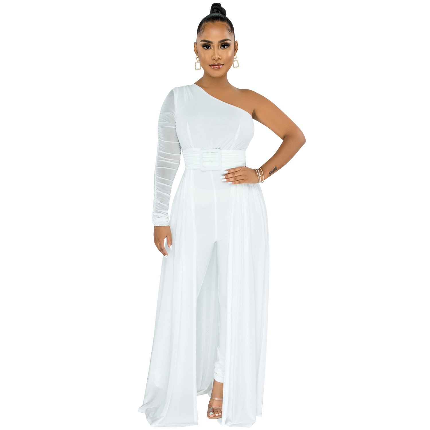 X5675 transfronterizo AliExpress deseo color sólido sexy malla ver-a través de un hombro oblicuo collar pantalones de manga larga Mono para las mujeres image 6