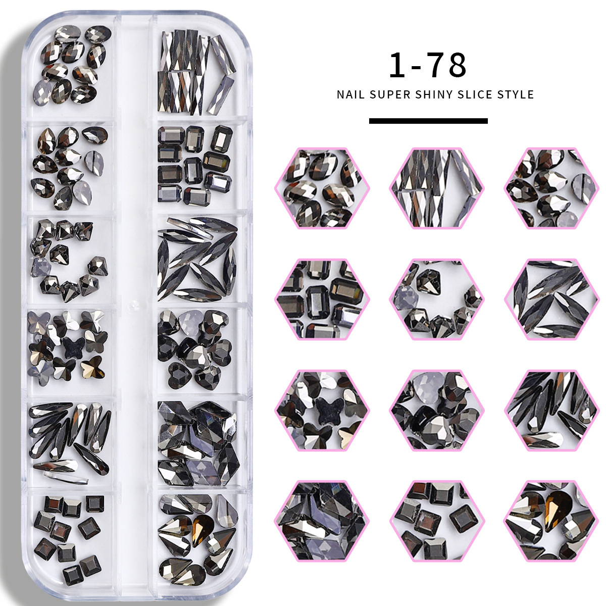 Set de joyas de uñas 12 barras de joyas taladro de uñas largo taladro de fondo plano mezclado taladro de forma especial superbrillante accesorios de uñas