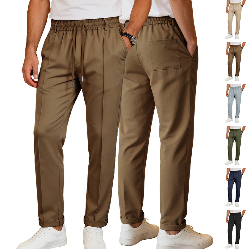 Europa y Estados Unidos ropa de hombre transfronteriza de verano suelta transpirable cintura alta correa de algodón twill tela de tejido americano pantalones casuales