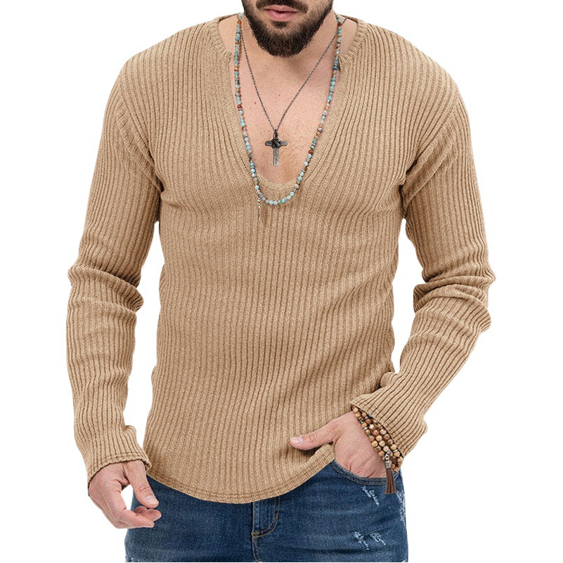 Amazon transfronterizo europeo y americano 2023 moda masculina europea y americana de primavera y otoño con cuello en V profundo de los hombres nueva camisa de manga larga de punto de color sólido