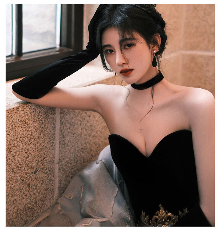 Đầm dạ hội nữ ôm body phong cách Hepburn, cổ halter, dáng đuôi cá — Màu đen, Màu đen đuôi cá chi tiết 7
